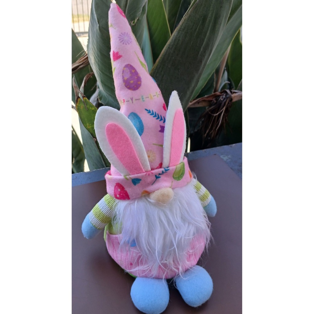 Easter Gnome Plush Pink Floral Hat Green Body Spring Holiday Decor 10.5 Inch